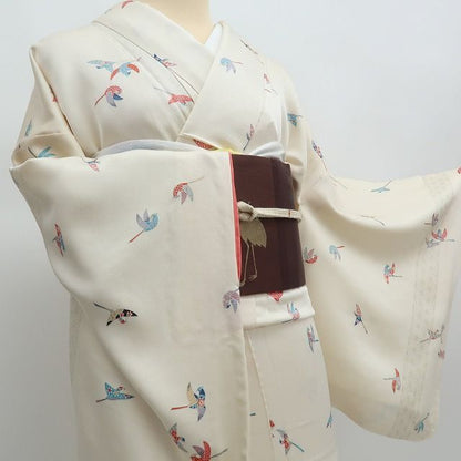 まめ藤 ｍ2307＊美品 正絹 麻の葉 カラフルな雀 手縫い仕立て 小紋
