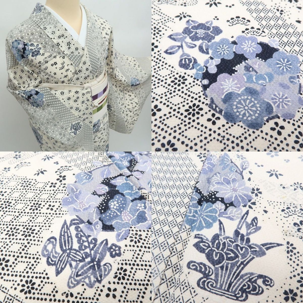 まめ藤 ｍ2352＊正絹 菖蒲 椿 菊 桜 手縫い仕立て 小紋