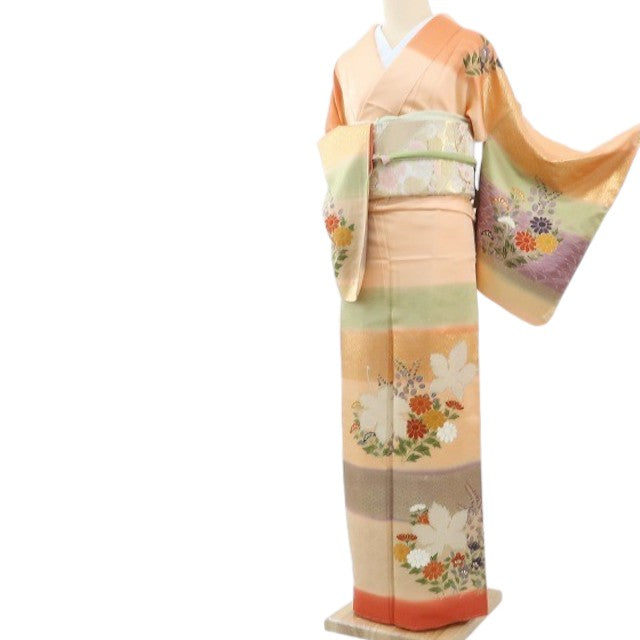 【中古】まめ藤 m387 美品 正絹 染一つ紋 紅葉 菊 手縫い仕立て 訪問着