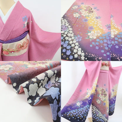 【中古】まめ藤 ｍ582 美品 トール・ワイドサイズ 銀通し 笹べり付き 絞り 桜 毬 手縫い仕立て 振袖単品