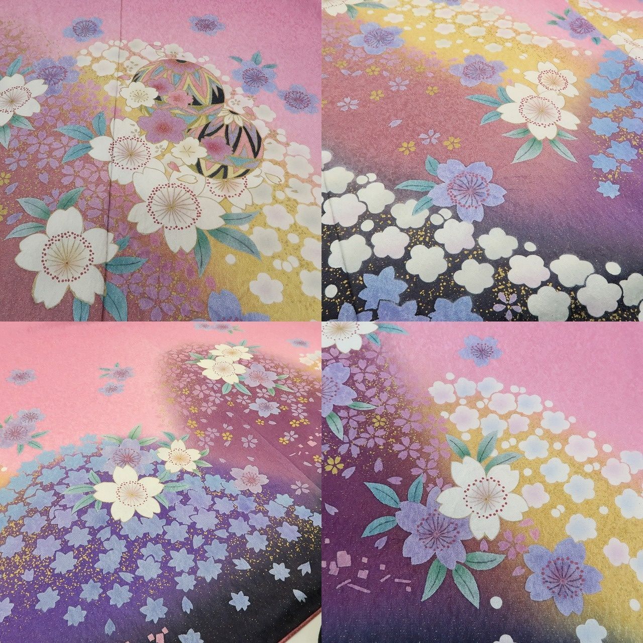 【中古】まめ藤 ｍ582 美品 トール・ワイドサイズ 銀通し 笹べり付き 絞り 桜 毬 手縫い仕立て 振袖単品