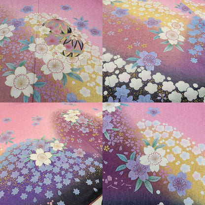 【中古】まめ藤 ｍ582 美品 トール・ワイドサイズ 銀通し 笹べり付き 絞り 桜 毬 手縫い仕立て 振袖単品