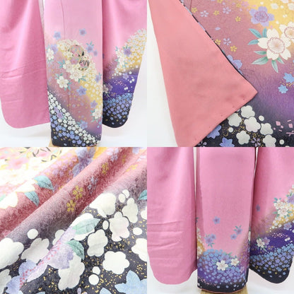 【中古】まめ藤 ｍ582 美品 トール・ワイドサイズ 銀通し 笹べり付き 絞り 桜 毬 手縫い仕立て 振袖単品