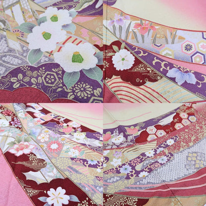 【中古】まめ藤 ｍ584 美品 金駒・銀駒刺繍 御所車 トールサイズ 牡丹 笹べり付き 手縫い仕立て 振袖単品