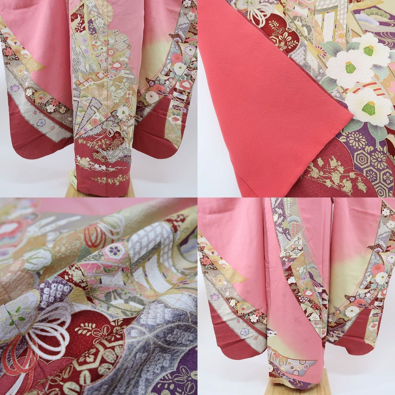 【中古】まめ藤 ｍ584 美品 金駒・銀駒刺繍 御所車 トールサイズ 牡丹 笹べり付き 手縫い仕立て 振袖単品