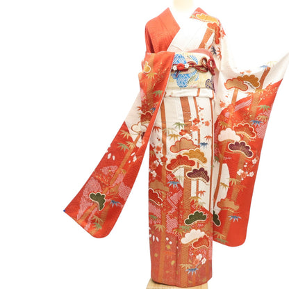 【中古】まめ藤 ｍ615 美品 金駒刺繍 トールサイズ 松竹梅 成人式 手縫い仕立て 振袖単品