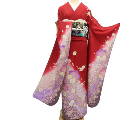 【中古】まめ藤 ｍ617 美品 正絹 桜 着物 成人式 手縫い仕立て 振袖単品
