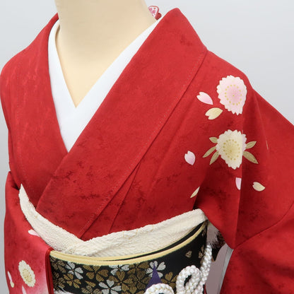 【中古】まめ藤 ｍ617 美品 正絹 桜 着物 成人式 手縫い仕立て 振袖単品