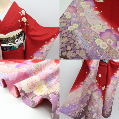【中古】まめ藤 ｍ617 美品 正絹 桜 着物 成人式 手縫い仕立て 振袖単品