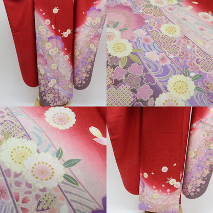 【中古】まめ藤 ｍ617 美品 正絹 桜 着物 成人式 手縫い仕立て 振袖単品