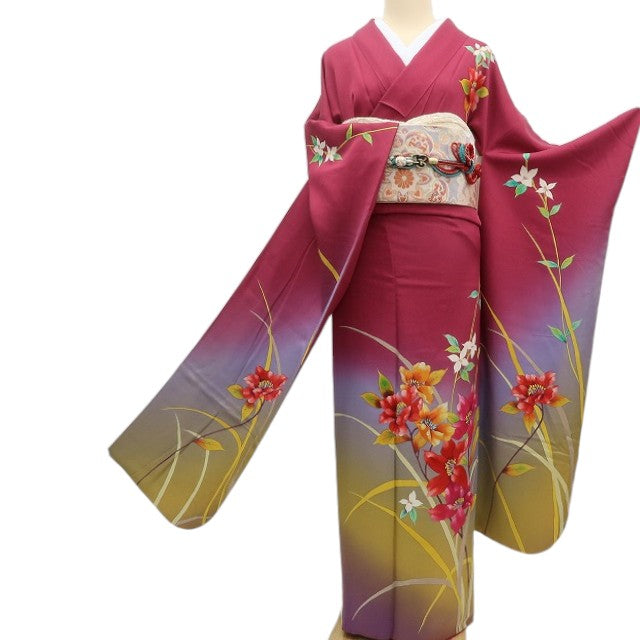 【中古】まめ藤 ｍ623 美品 正絹 着物 成人式 手縫い仕立て 振袖単品