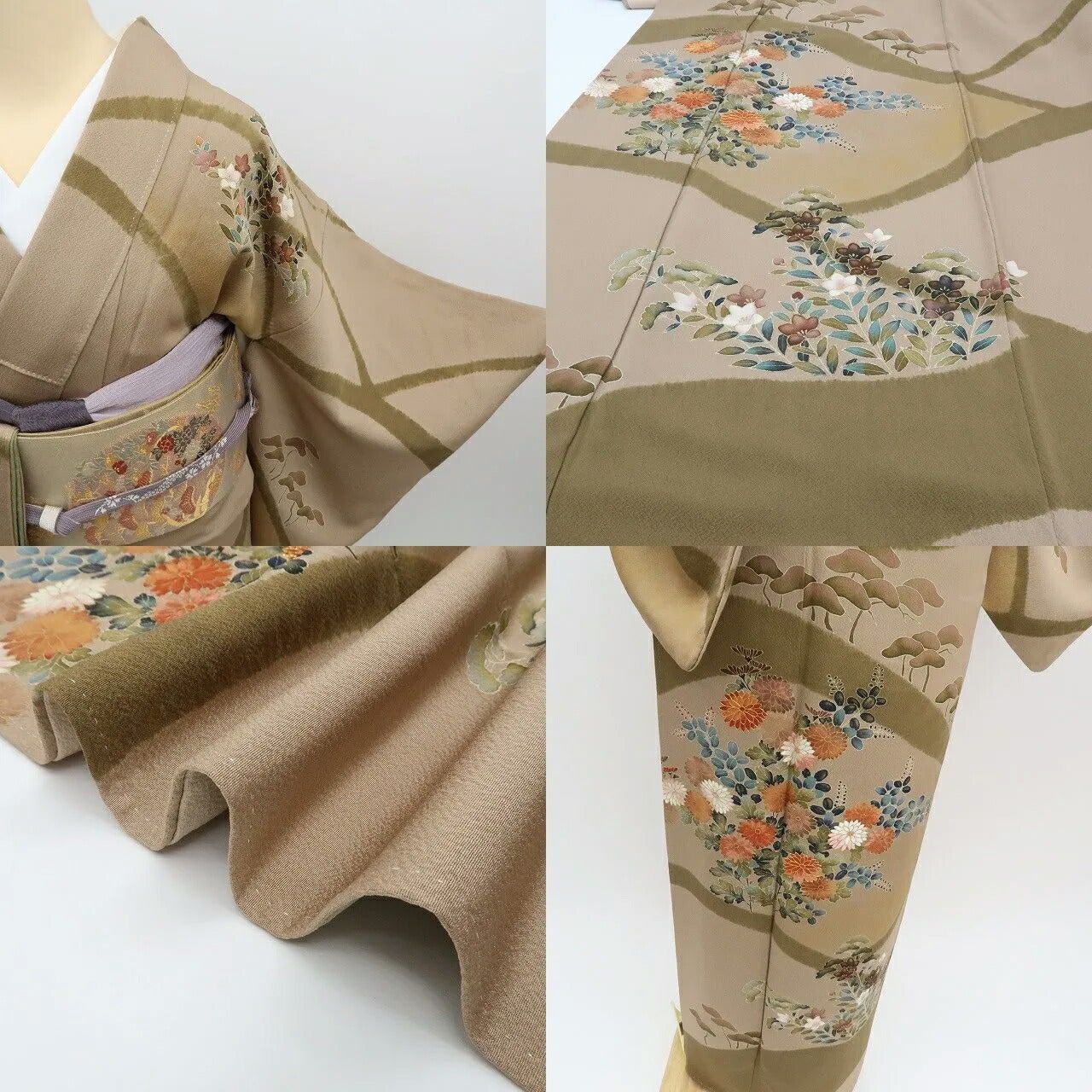 【中古】まめ藤 ｍ633 美品 染一つ紋 手描き友禅 金駒刺繍 菊 松 手縫い仕立て 訪問着