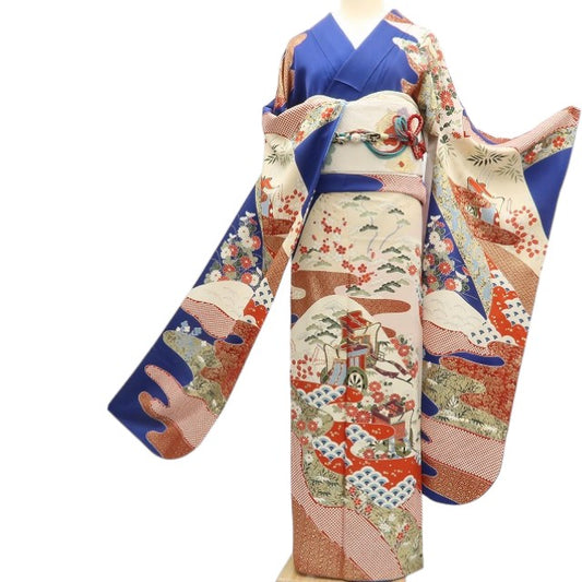 【中古】まめ藤 ｍ652 正絹 金駒刺繍 御所車 成人式 手縫い仕立て 振袖単品