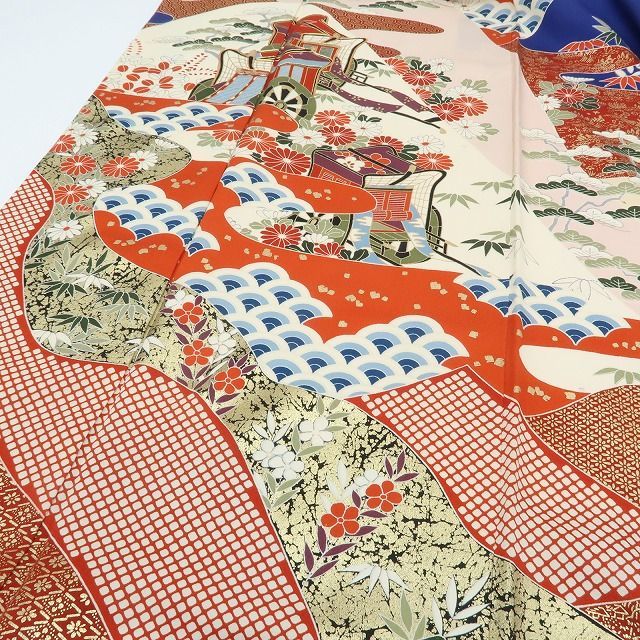 【中古】まめ藤 ｍ652 正絹 金駒刺繍 御所車 成人式 手縫い仕立て 振袖単品