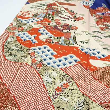 【中古】まめ藤 ｍ652 正絹 金駒刺繍 御所車 成人式 手縫い仕立て 振袖単品