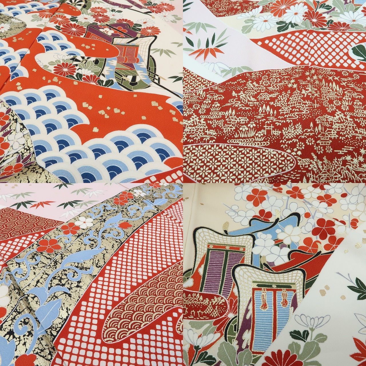 【中古】まめ藤 ｍ652 正絹 金駒刺繍 御所車 成人式 手縫い仕立て 振袖単品