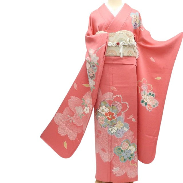 【中古】まめ藤 m654 美品 正絹 桜 椿 着物 成人式 手縫い仕立て 振袖単品