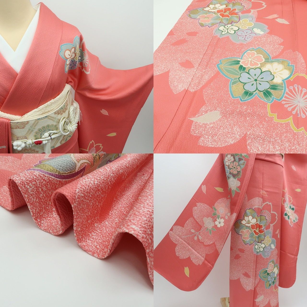 【中古】まめ藤 m654 美品 正絹 桜 椿 着物 成人式 手縫い仕立て 振袖単品