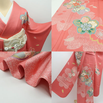 【中古】まめ藤 m654 美品 正絹 桜 椿 着物 成人式 手縫い仕立て 振袖単品