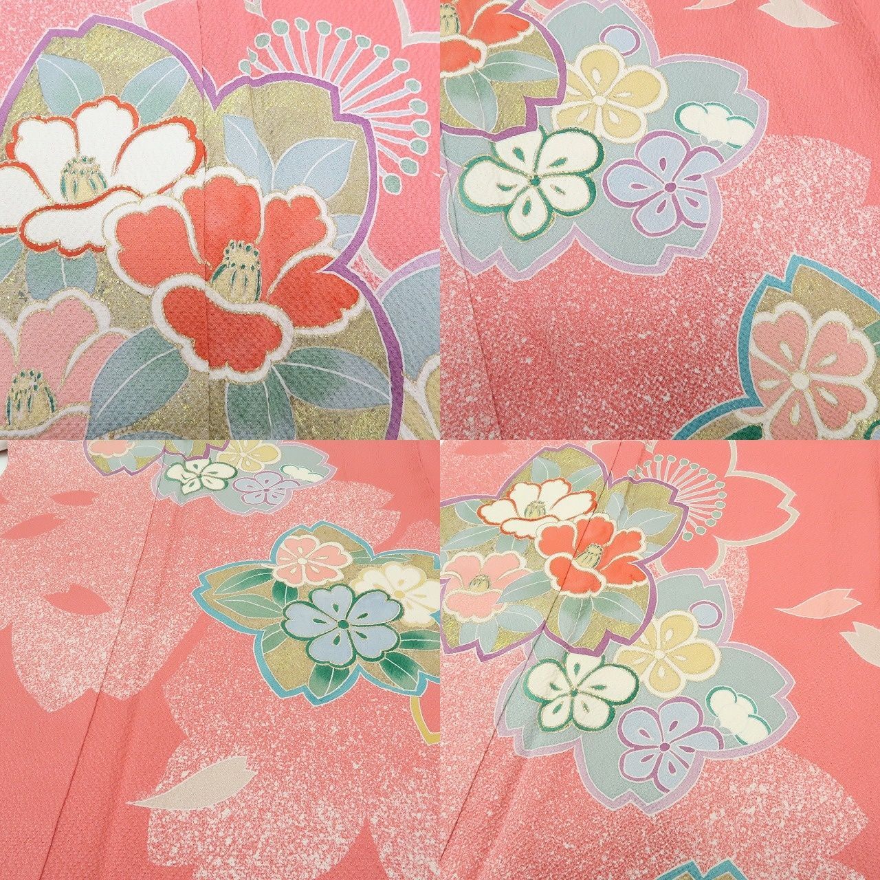 【中古】まめ藤 m654 美品 正絹 桜 椿 着物 成人式 手縫い仕立て 振袖単品