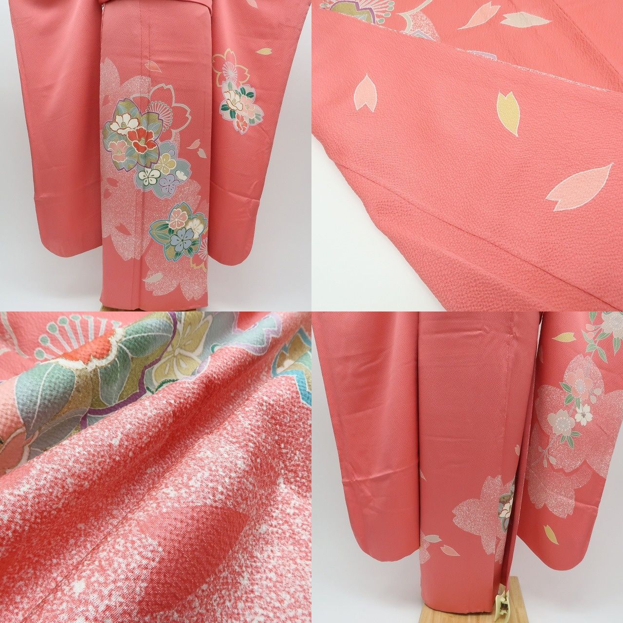 【中古】まめ藤 m654 美品 正絹 桜 椿 着物 成人式 手縫い仕立て 振袖単品