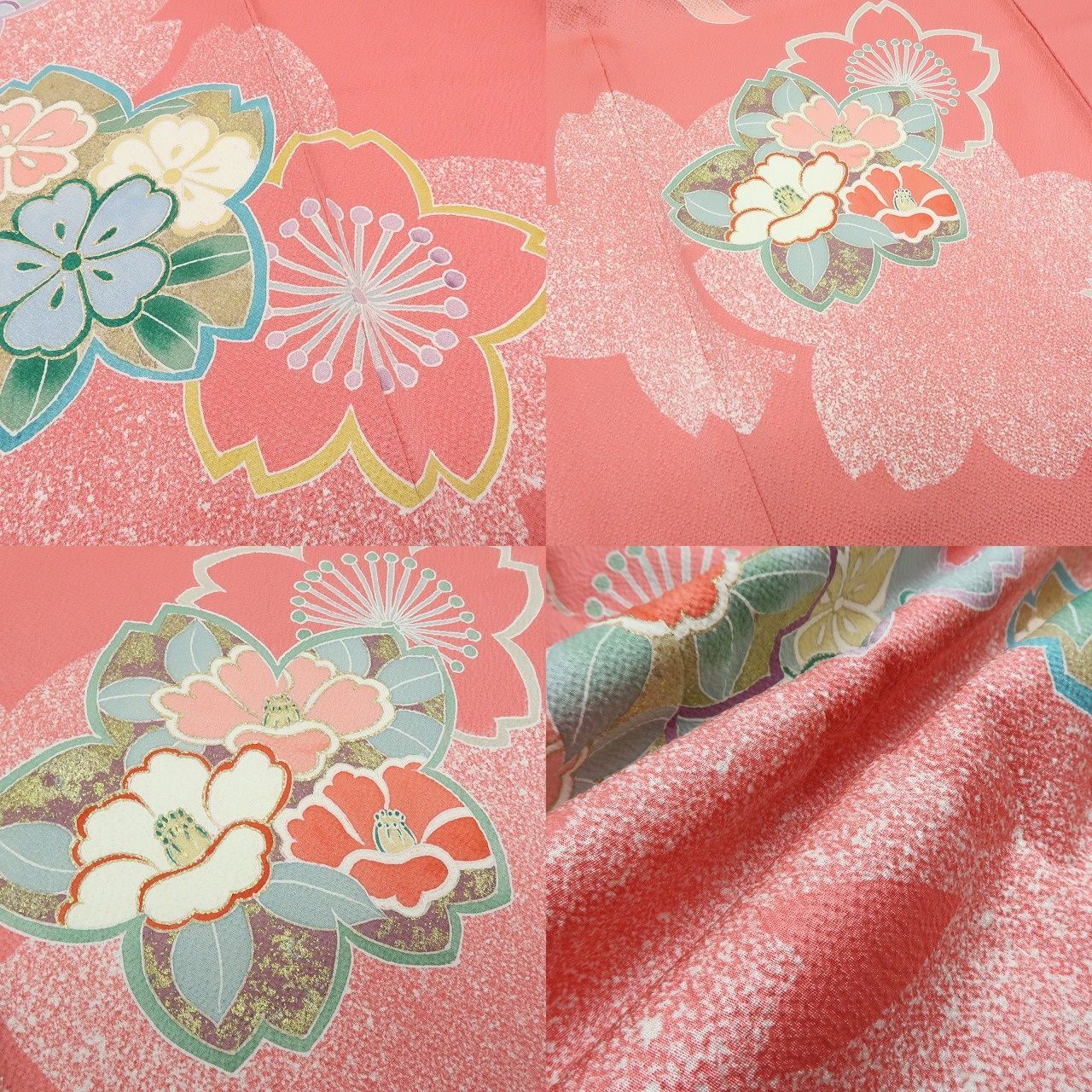 【中古】まめ藤 m654 美品 正絹 桜 椿 着物 成人式 手縫い仕立て 振袖単品