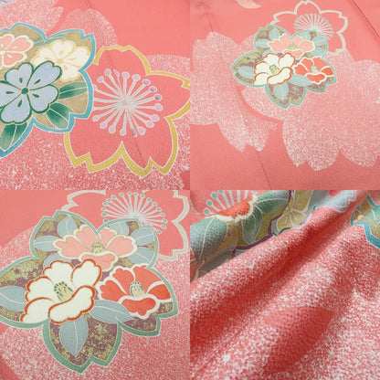 【中古】まめ藤 m654 美品 正絹 桜 椿 着物 成人式 手縫い仕立て 振袖単品