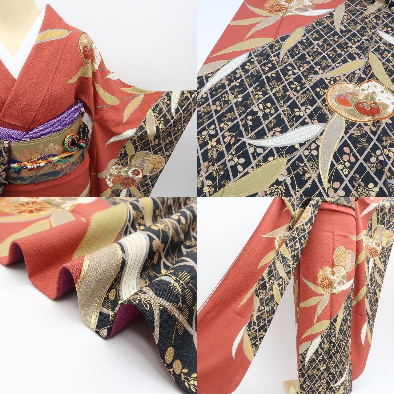 【中古】まめ藤 ｍ657 正絹 金駒刺繍 笹 菊 手縫い仕立て 着物 成人式 手縫い仕立て 振袖単品