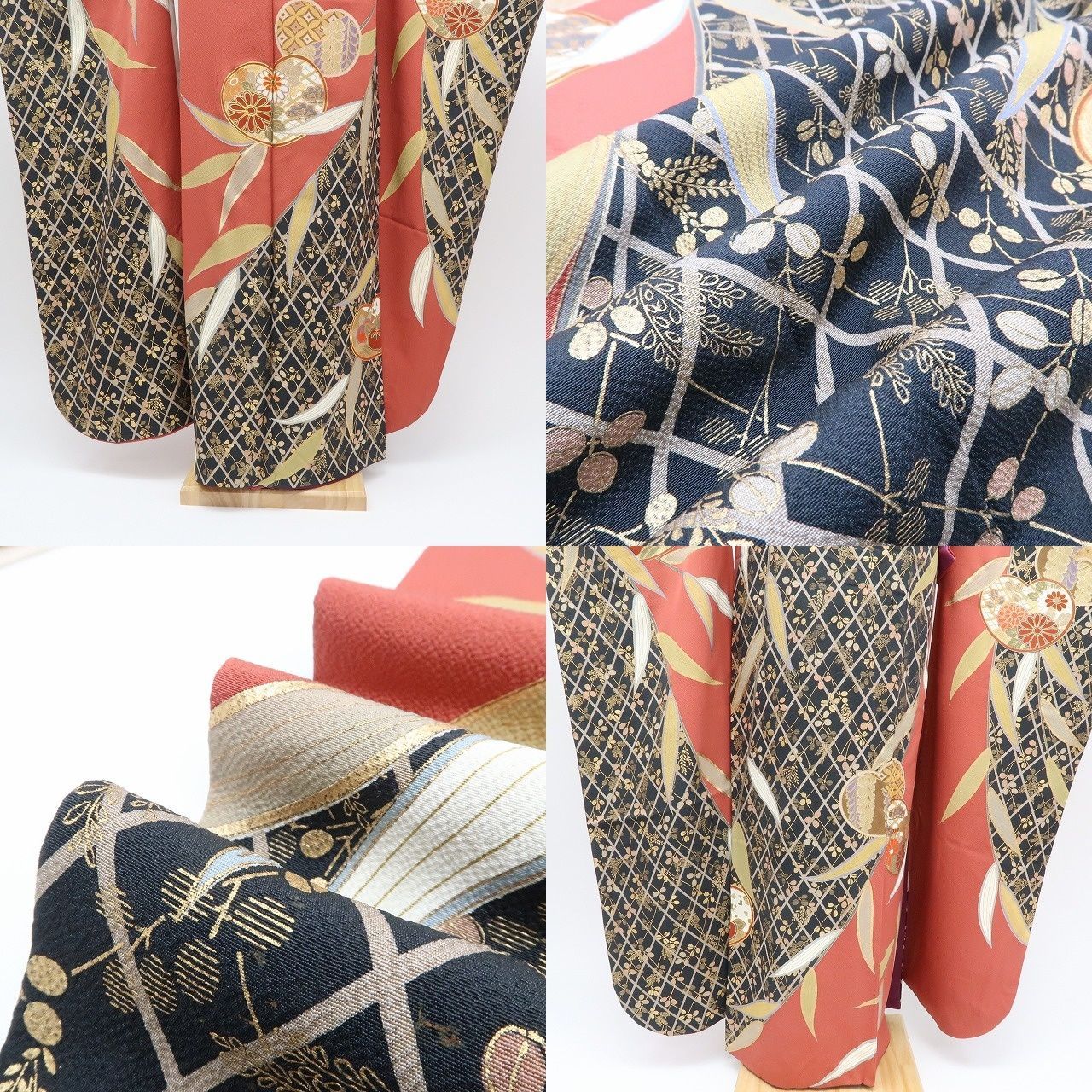 【中古】まめ藤 ｍ657 正絹 金駒刺繍 笹 菊 手縫い仕立て 着物 成人式 手縫い仕立て 振袖単品