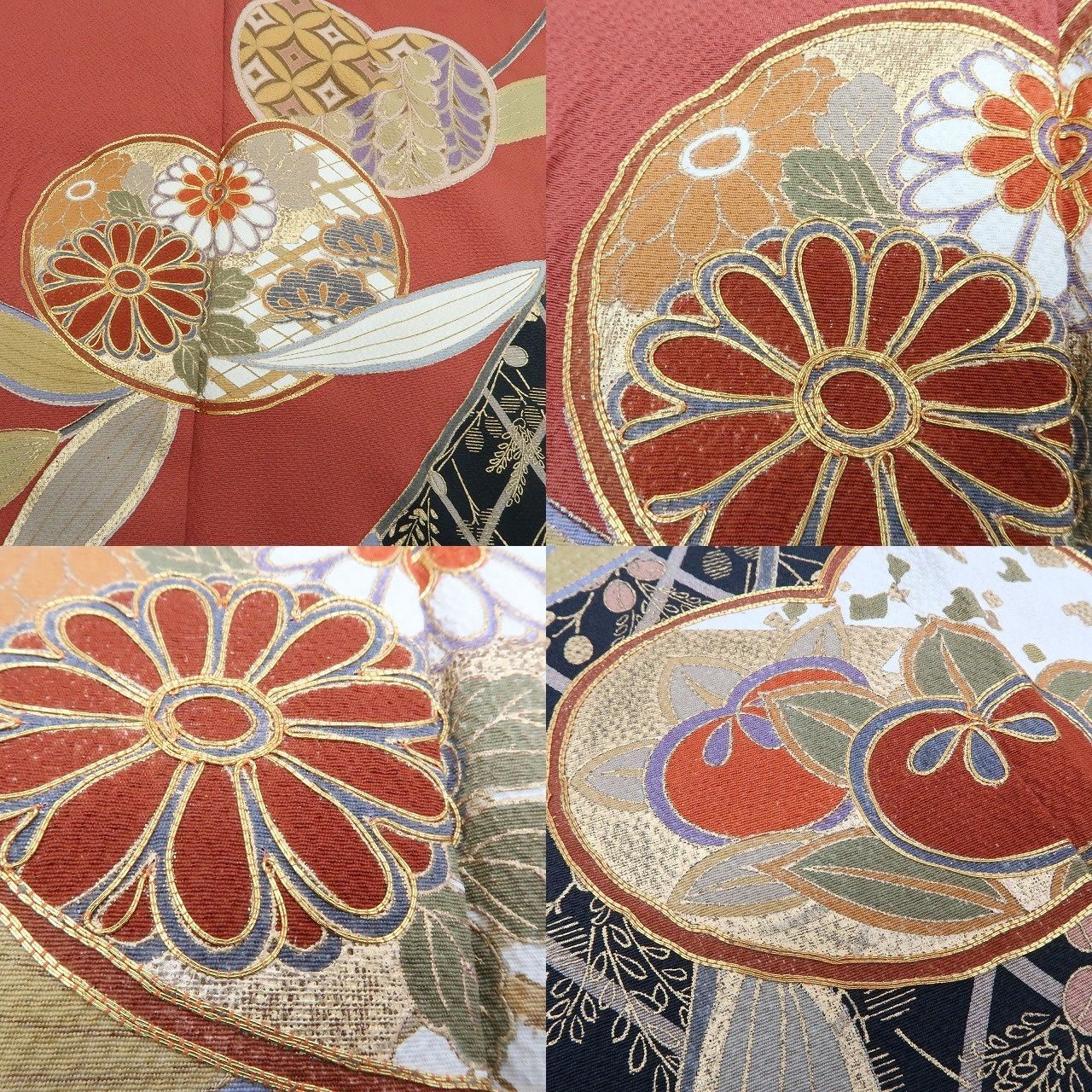 【中古】まめ藤 ｍ657 正絹 金駒刺繍 笹 菊 手縫い仕立て 着物 成人式 手縫い仕立て 振袖単品