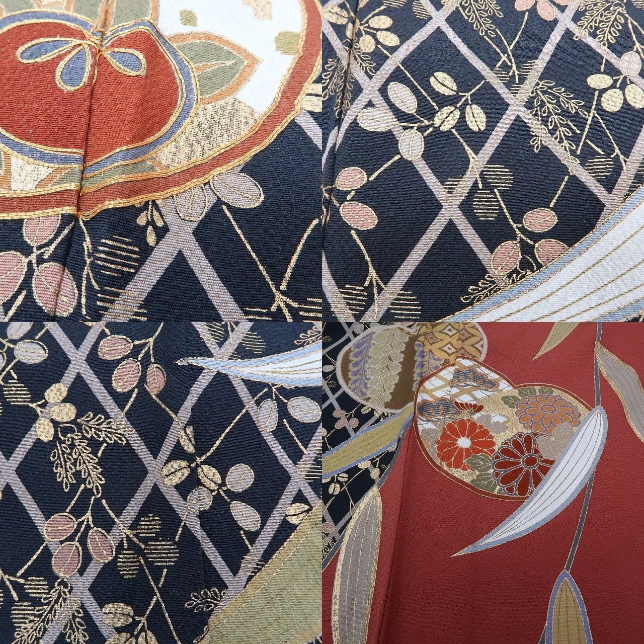 【中古】まめ藤 ｍ657 正絹 金駒刺繍 笹 菊 手縫い仕立て 着物 成人式 手縫い仕立て 振袖単品