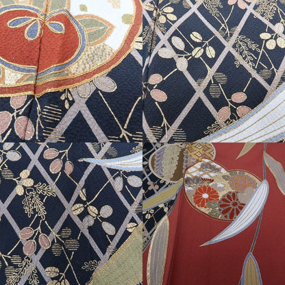 【中古】まめ藤 ｍ657 正絹 金駒刺繍 笹 菊 手縫い仕立て 着物 成人式 手縫い仕立て 振袖単品