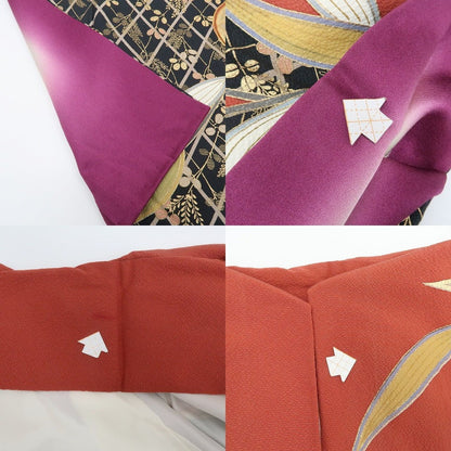 【中古】まめ藤 ｍ657 正絹 金駒刺繍 笹 菊 手縫い仕立て 着物 成人式 手縫い仕立て 振袖単品