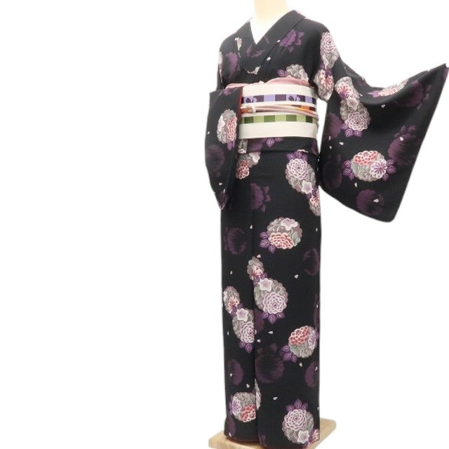 【中古】まめ藤 ｍ713 美品 洗える着物 牡丹 桜 小紋