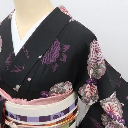【中古】まめ藤 ｍ713 美品 洗える着物 牡丹 桜 小紋
