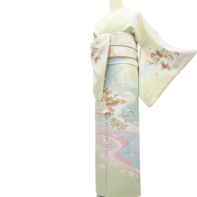 【中古】百華 Y4240 美品 金駒刺繍 縫い一つ紋 手縫い仕立て 牡丹 松竹梅 桜 雪輪 正絹 訪問着 着物 単品