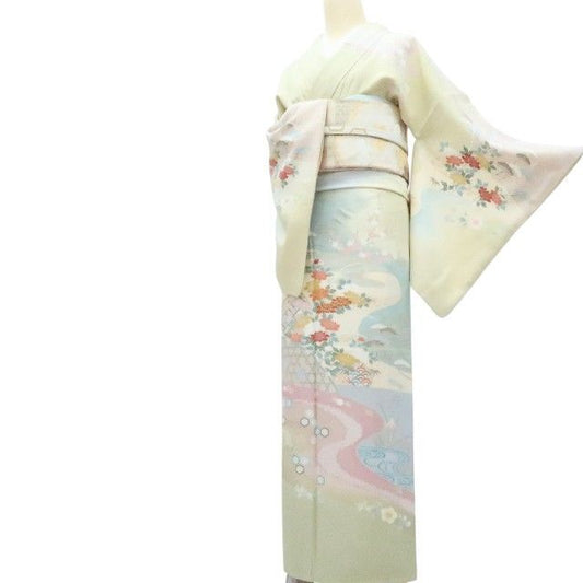 【中古】百華 Y4240 美品 金駒刺繍 縫い一つ紋 手縫い仕立て 牡丹 松竹梅 桜 雪輪 正絹 訪問着 着物 単品