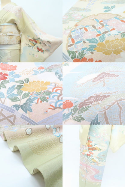 【中古】百華 Y4240 美品 金駒刺繍 縫い一つ紋 手縫い仕立て 牡丹 松竹梅 桜 雪輪 正絹 訪問着 着物 単品