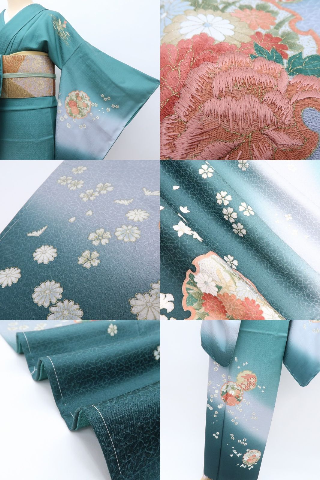 【中古】百華 Y4351 美品未着用 刺繍 仕付け糸付 手縫い仕立て 桜 菊 牡丹 雪輪 正絹 訪問着 着物 単品