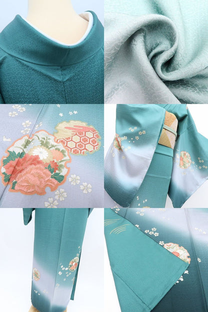 【中古】百華 Y4351 美品未着用 刺繍 仕付け糸付 手縫い仕立て 桜 菊 牡丹 雪輪 正絹 訪問着 着物 単品
