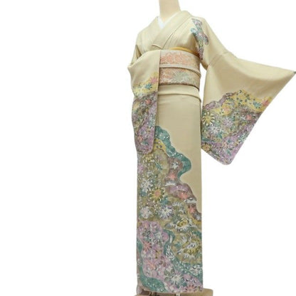 【中古】百華 Y4493 美品 作家物落款 仕付け糸付 手縫い仕立て 松竹梅 菊 椿 正絹 訪問着 着物 単品