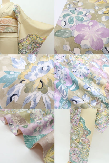 【中古】百華 Y4493 美品 作家物落款 仕付け糸付 手縫い仕立て 松竹梅 菊 椿 正絹 訪問着 着物 単品
