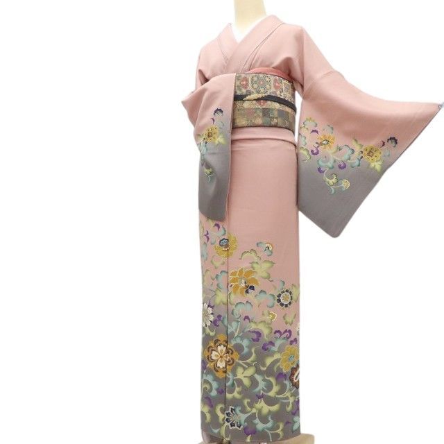 【中古】百華 Y4542 花井幸子落款 金駒刺 手縫い仕立て トールサイズ 正絹 唐花 訪問着 着物 単品