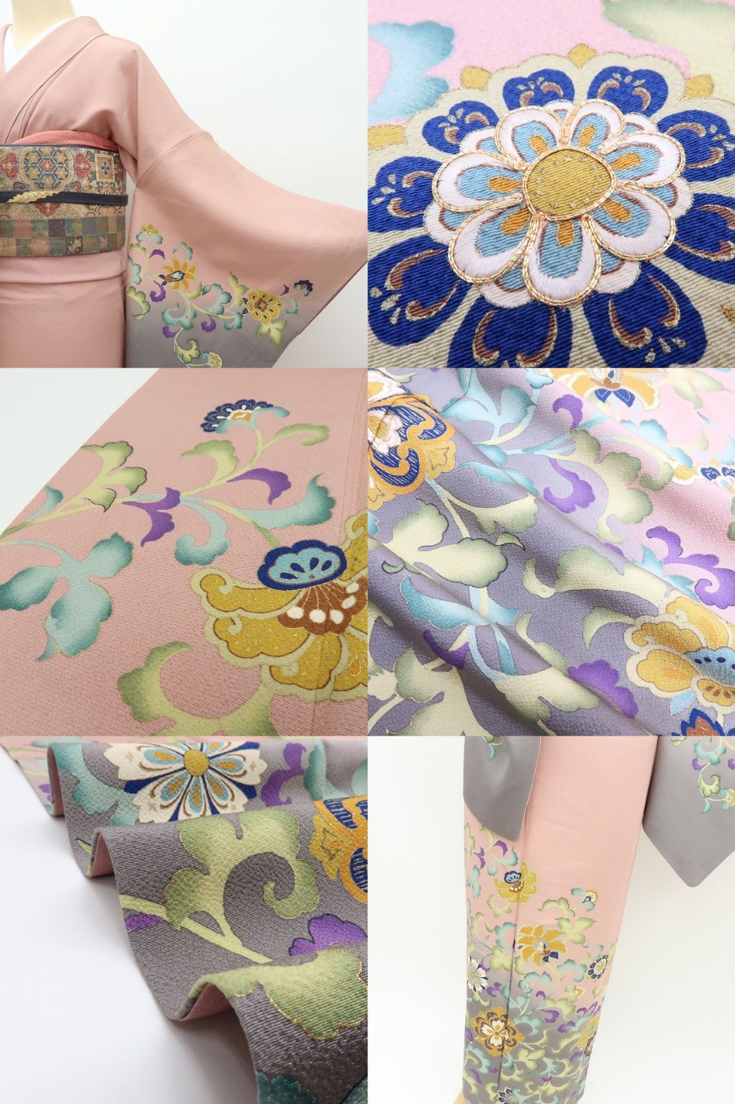 【中古】百華 Y4542 花井幸子落款 金駒刺 手縫い仕立て トールサイズ 正絹 唐花 訪問着 着物 単品