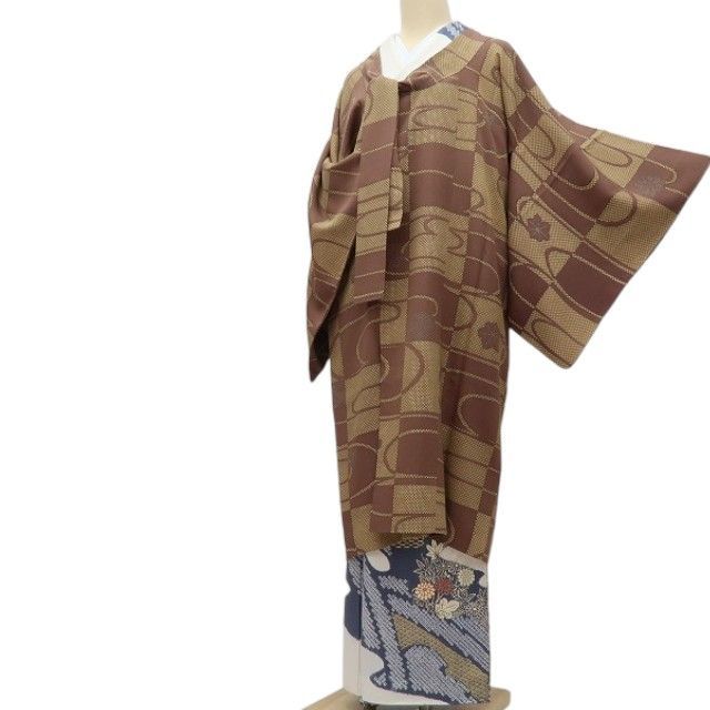 【中古】百華 Y4546 ロング丈 正絹 市松 観世水 紅葉 道行コート