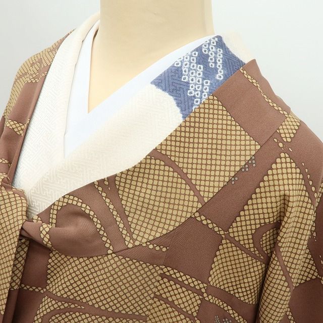 【中古】百華 Y4546 ロング丈 正絹 市松 観世水 紅葉 道行コート