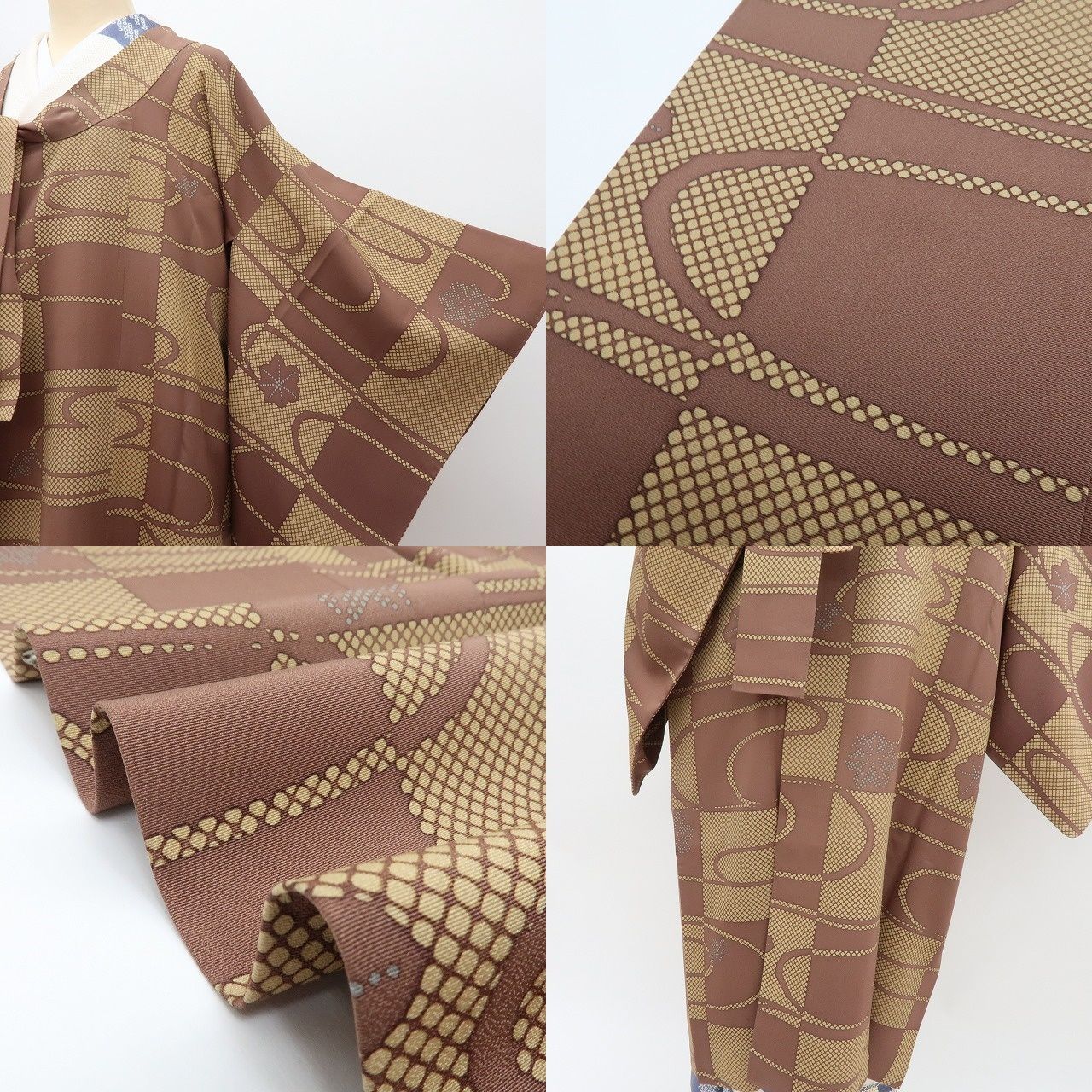 【中古】百華 Y4546 ロング丈 正絹 市松 観世水 紅葉 道行コート