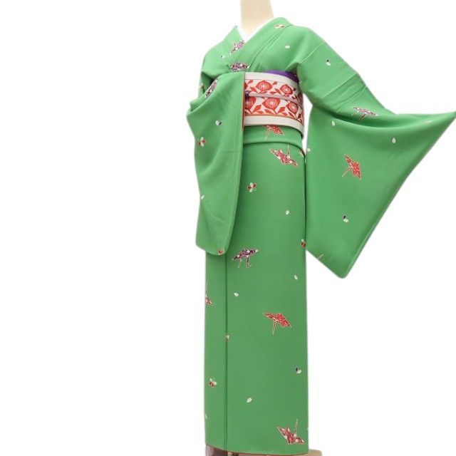 【中古】百華 Y4552 美品 手縫い仕立て 折り鶴 桜 トールサイズ 正絹 小紋 着物 単品