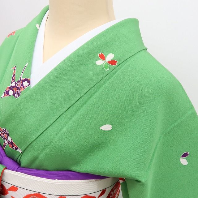 【中古】百華 Y4552 美品 手縫い仕立て 折り鶴 桜 トールサイズ 正絹 小紋 着物 単品