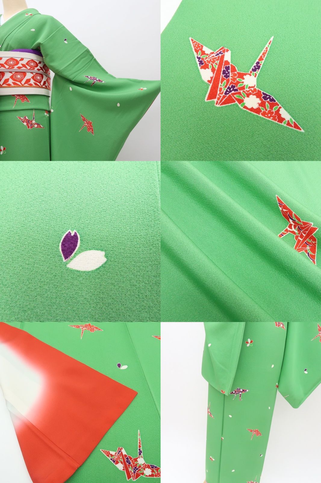 【中古】百華 Y4552 美品 手縫い仕立て 折り鶴 桜 トールサイズ 正絹 小紋 着物 単品
